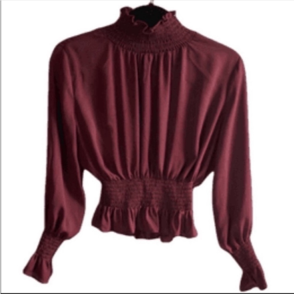 Shinestar burgundy smocked neck, waist, and cuffs sheer top. Size small.